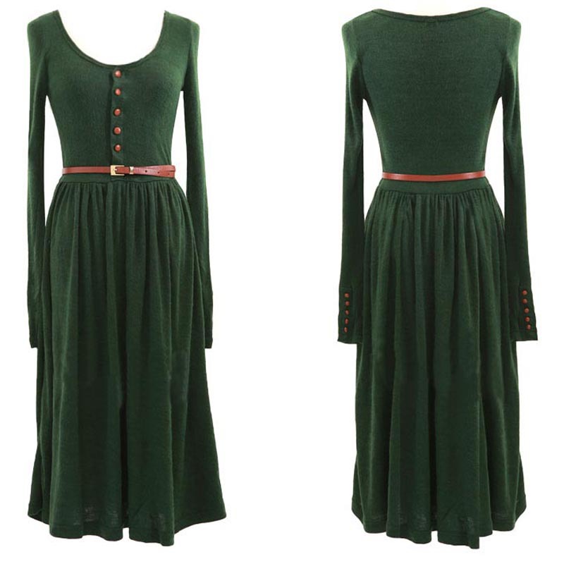 Long sleeve Button Retro Art Style Knitted Dress Dark Green - Shop at LoveMi