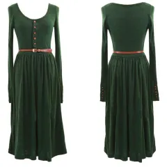 Long-sleeve Button Retro Art Style Knitted Dress - Dark Green - View 1