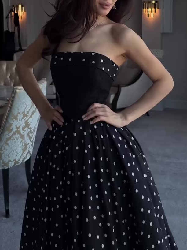 Black Strapless Polka Dot Full Skirt Maxi Dress