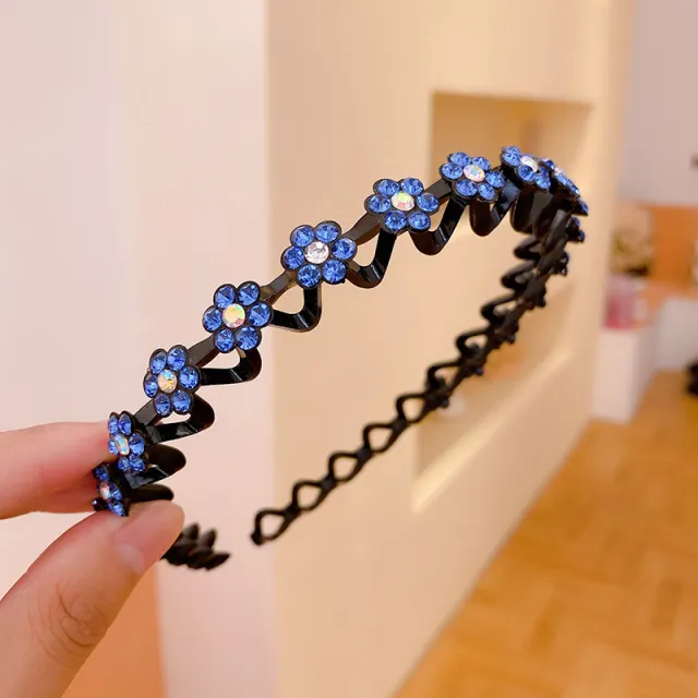 Women's Rhinestone Wavy Thin Edge With Teeth All match Pressure Hair Non slip Headband Blue - Shop at LoveMi