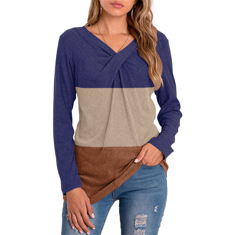 Women's New V-neck Long-sleeved Stitching T-shirt Top