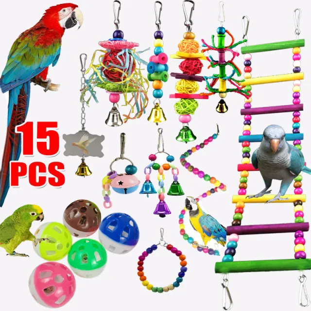 Parrot Combination Toy 10 Piece Set Wooden Bead Rotating Ladder Swing Stand Wooden Ladder Sepak Takraw Chewing Toy Photo Color 15Pcs Set - Shop at LoveMi