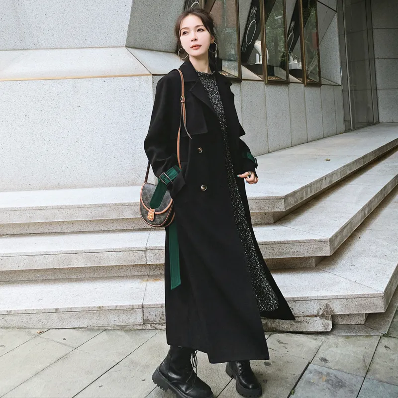 Women's Long Suit Collar Hit Color Windbreaker Women Black Double Breasted - Black