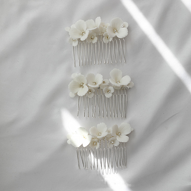 Hair Comb Ceramic White Flowers