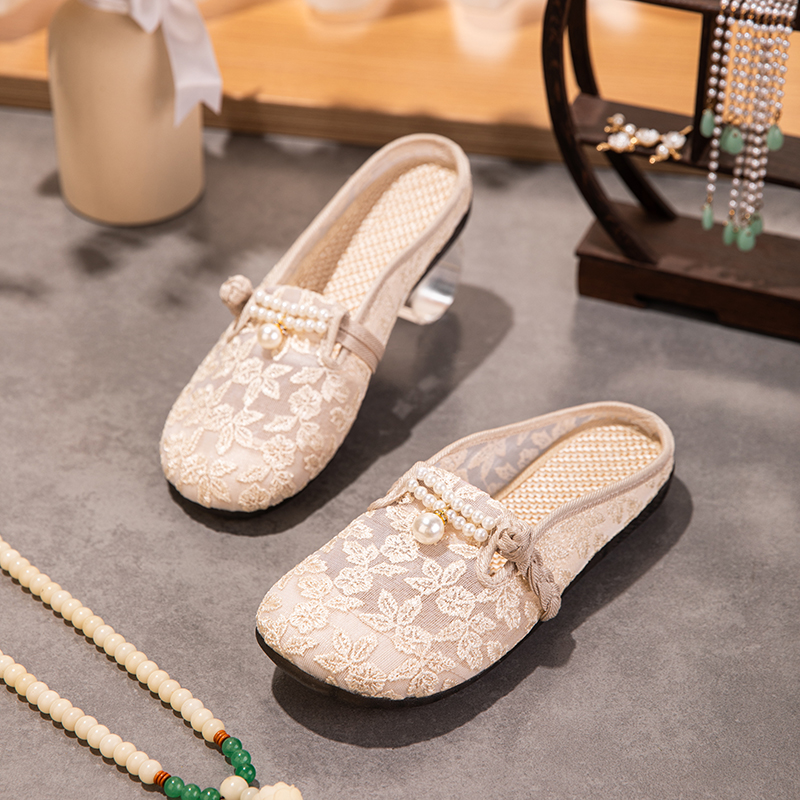 Embroidered Mesh Pearl Mule Slippers — detail view 3