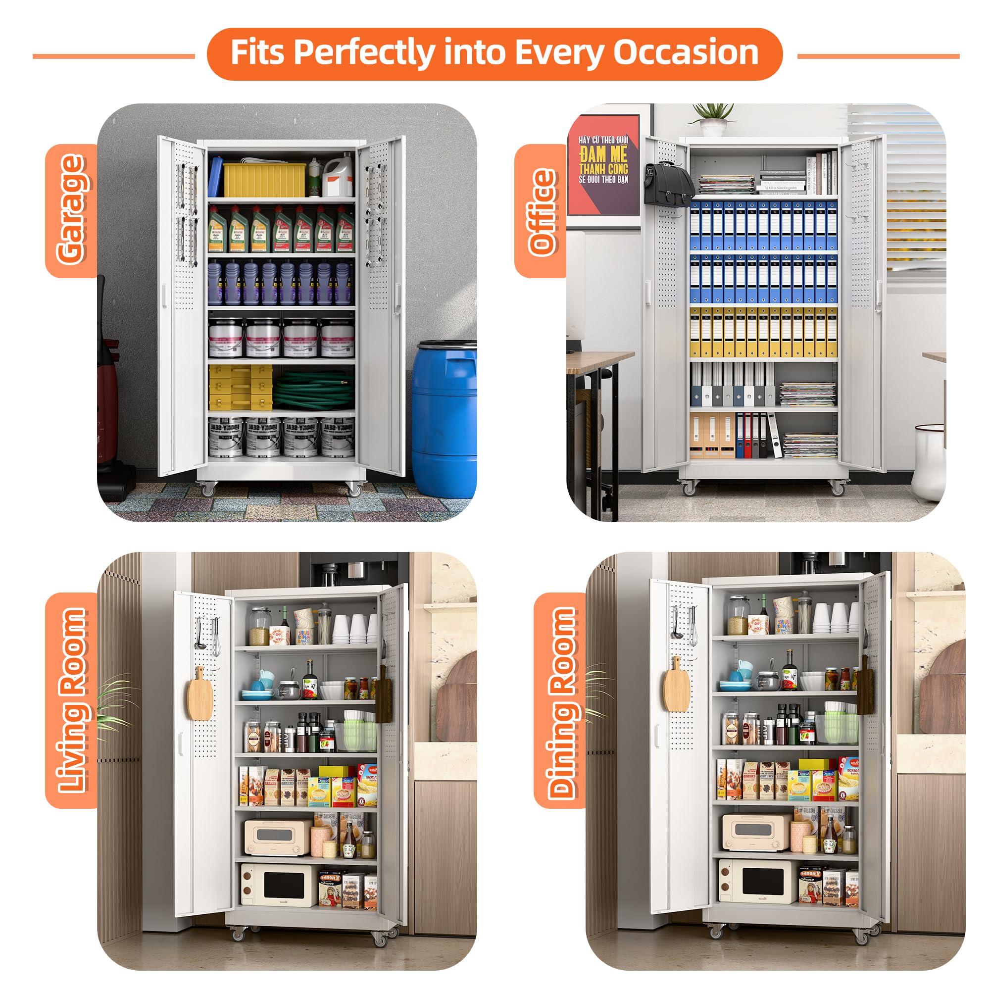 Aobabo Metal Storage Cabinet With Wheels, Steel Locking Cabinet With Pegboard Doors, Garage Cabinet For Office Pantry, 5 Adjustable Shelves White — foto 4