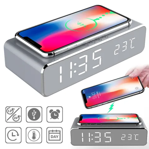 LED Electric Alarm Clock with Wireless Charger Desktop Digital