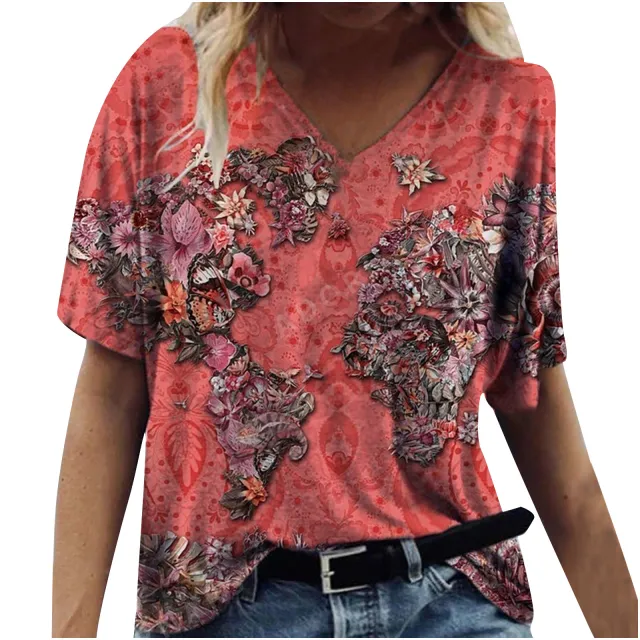 New Female Map Print V Neck Short Sleeved T Shirt Red - Shop at LoveMi