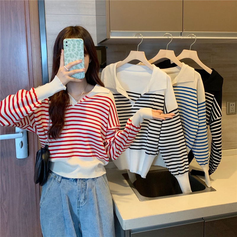 Title 1, Striped Short Long-sleeved Sweater Lapel Cover