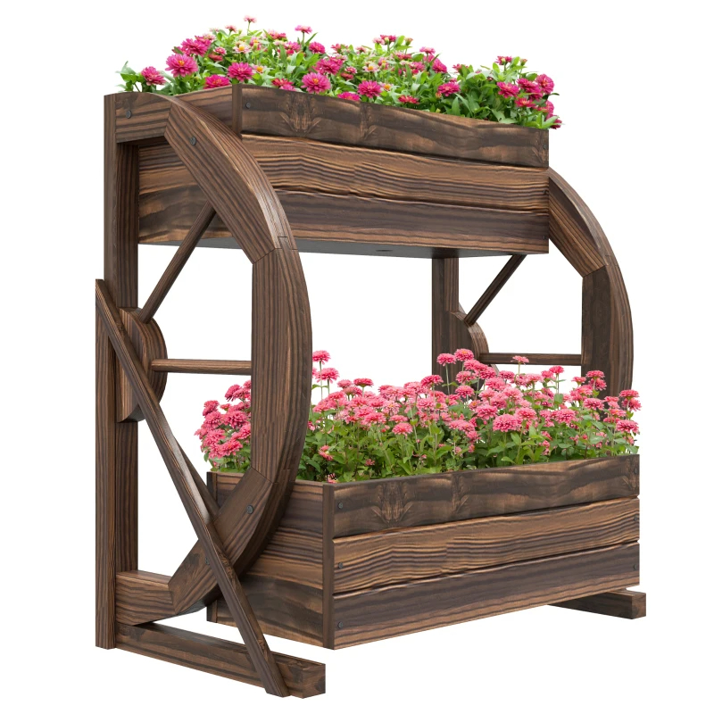Outsunny Wooden Wagon Planter Box, 2-Tier Raised Garden Bed, For Vegetables Flowers Herbs,