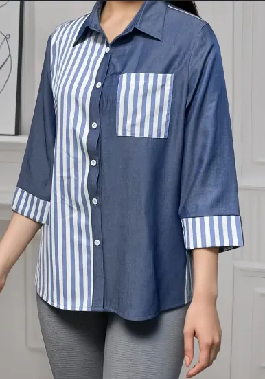 Stripe Print Button Front Blouse, Casual Sleeve Pocket Top For Spring & Summer, Women's Clothing Mixed Color - Shop at LoveMi