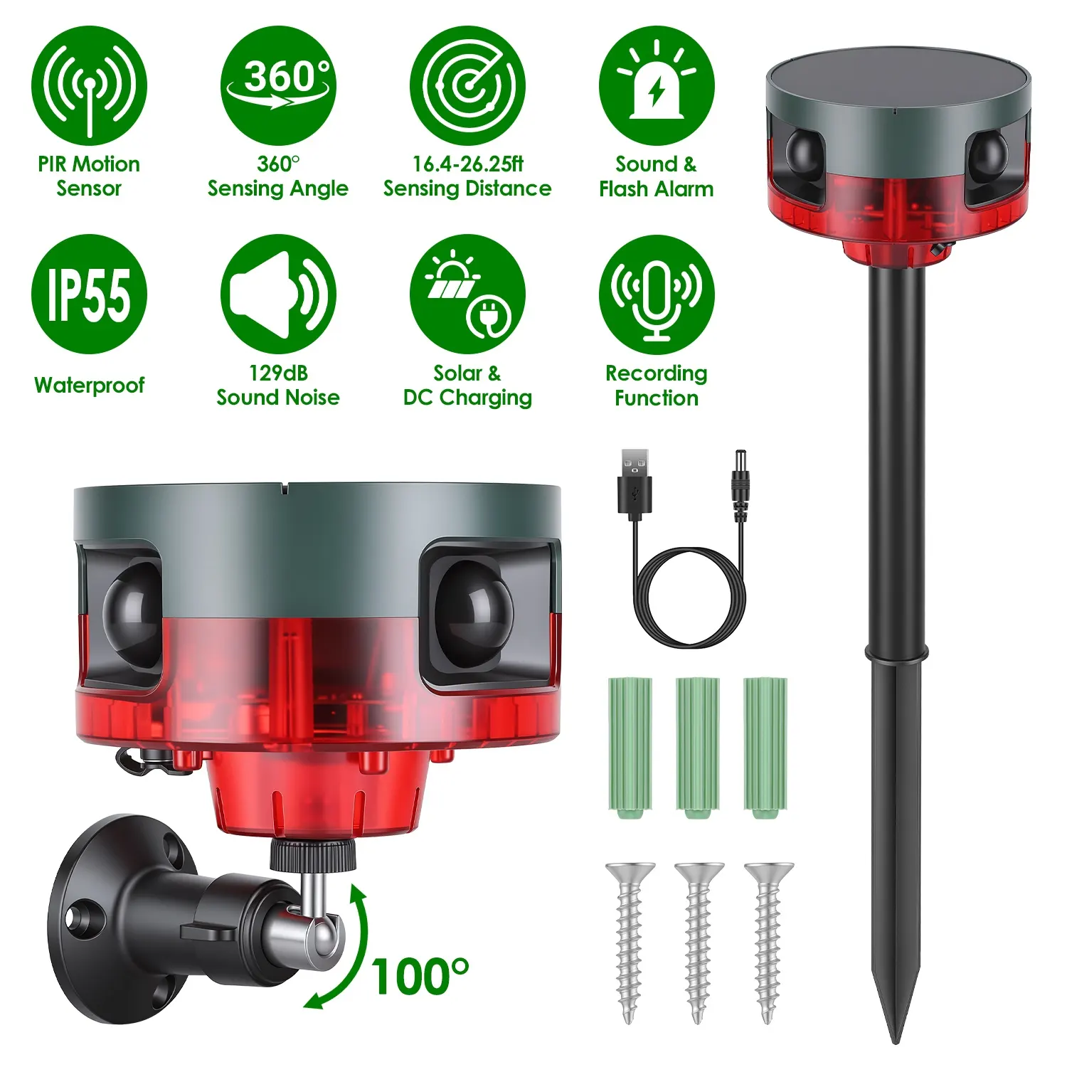 Solar Motion Sensor Alarm Outdoor 129dB