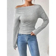 Women's Off The Shoulder Tops Long Sleeve T Shirts Going Out Tops Casual Trendy Ruched Slim Fitted Tees - Lihgt Grey - View 1
