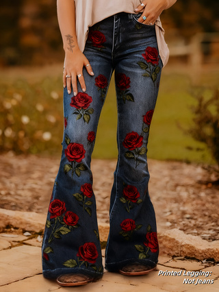 Ladies' Casual And Fashionable Retro Printed High-waisted Single-button Flared Pants, Comfortable Fake Jeans Can Modify The Leg Shape