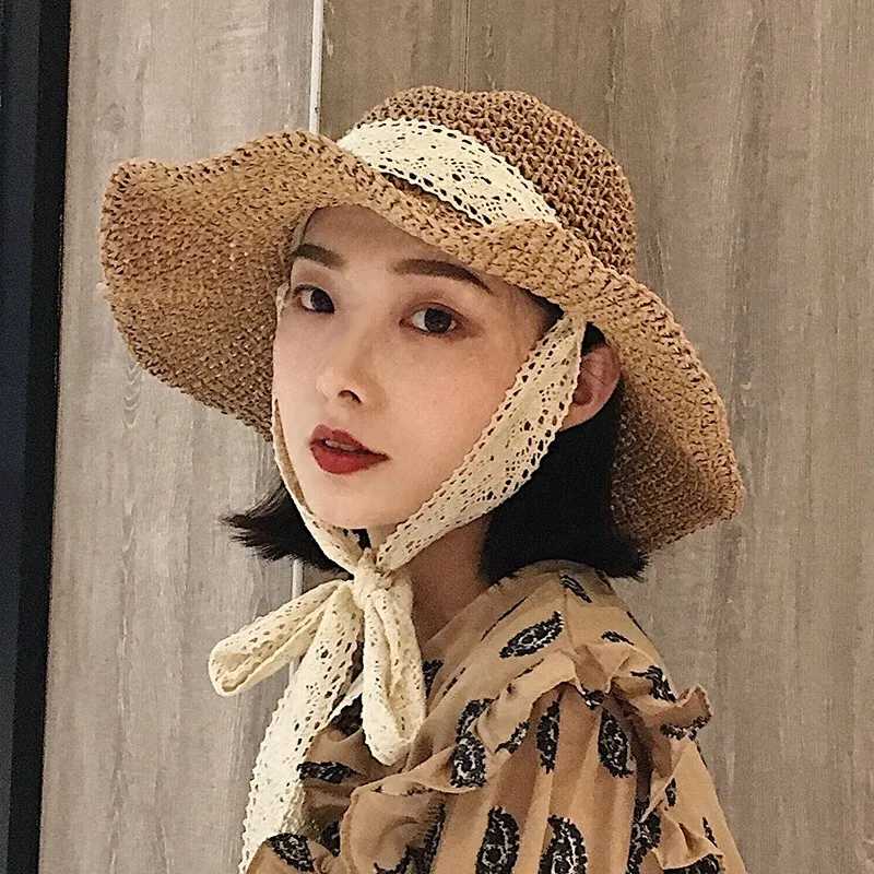 Korean Style Foldable Handmade Straw Hat Summer Lace Strap - Coffee