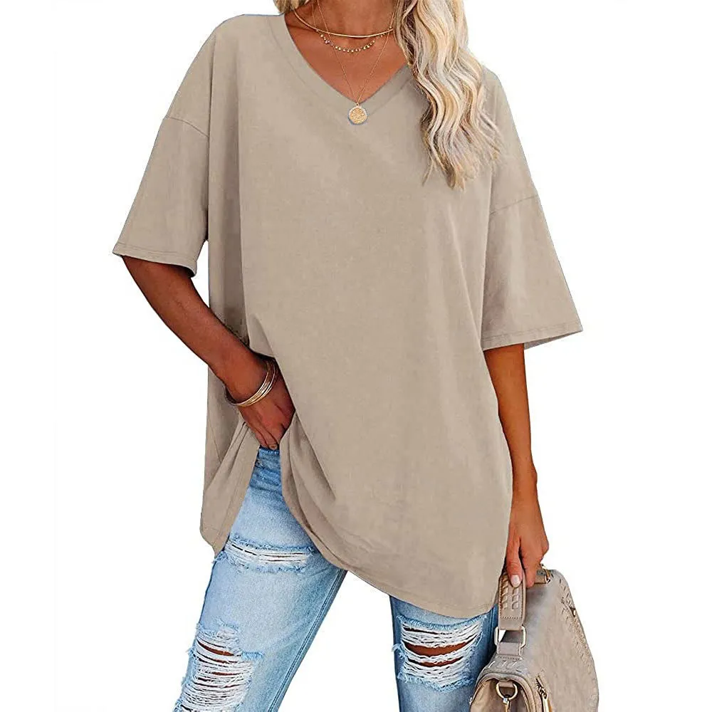 European And American Women's Loose Short-sleeved V-neck T-shirt - Apricot