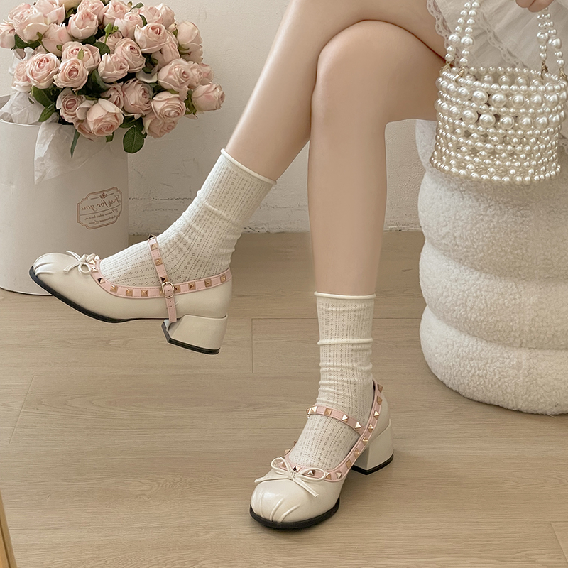 French Ballet Single Shoes Women's Summer 2026 New Style Shallow Bow Fold Rivet Mary Jane Women's Shoes