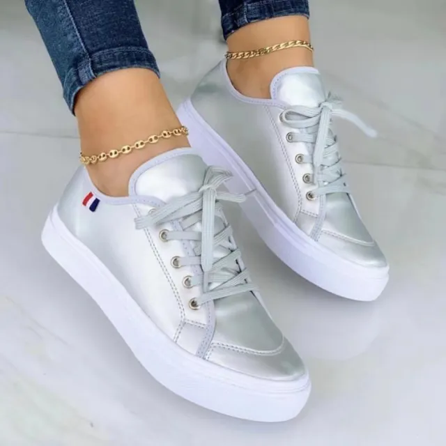 Lace up Flats Slip On Sneakers Walking Shoes Silver - Shop at LoveMi