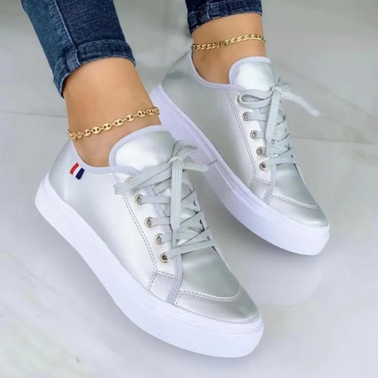 Lace-up Flats Slip On Sneakers Walking Shoes - Silver