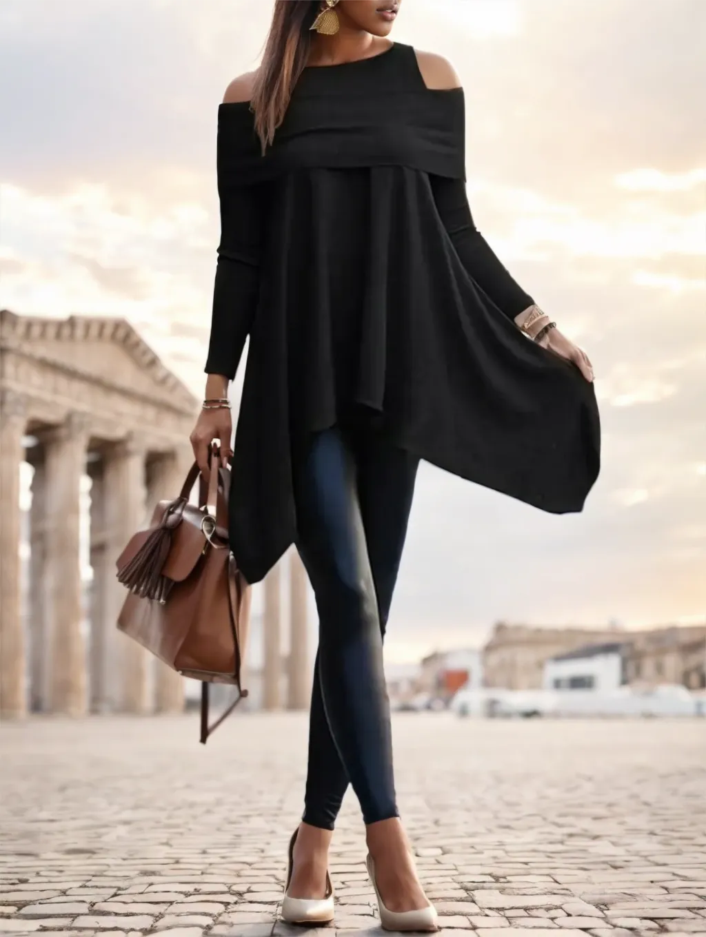 A Solid-colored Long-sleeved Top For Ladies - Black