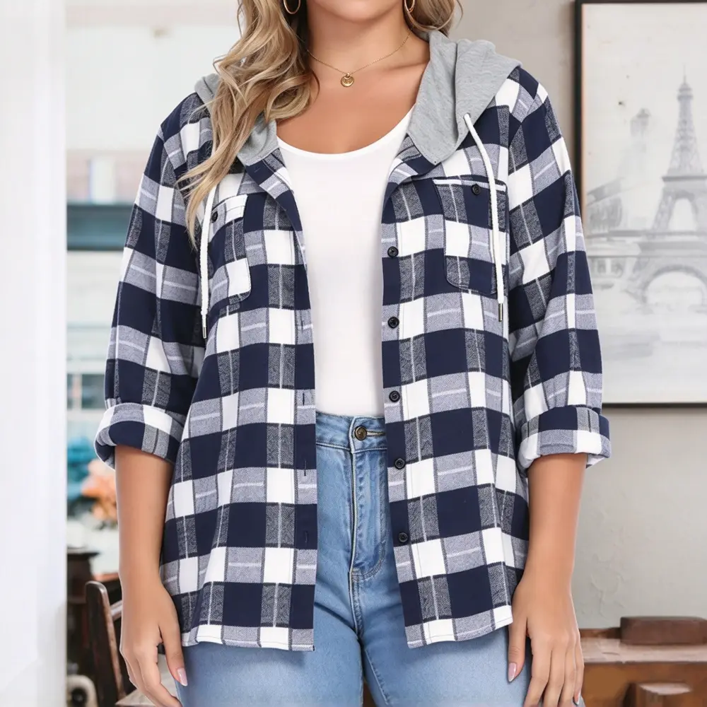 Women Plaid Print Button Down Long Sleeve Hooded Knit
