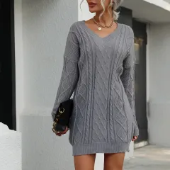 Knitted Casual Solid Colour Long Sleeve V-neck Grey Wool Dress - Grey - View 1