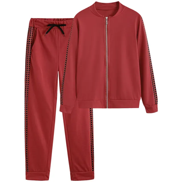 Women's Print & Plaid Zip Front Top With Tie Waist Pants Set, 2 Piece Casual Loungewear For Spring And Fall Wine Red - Shop at LoveMi