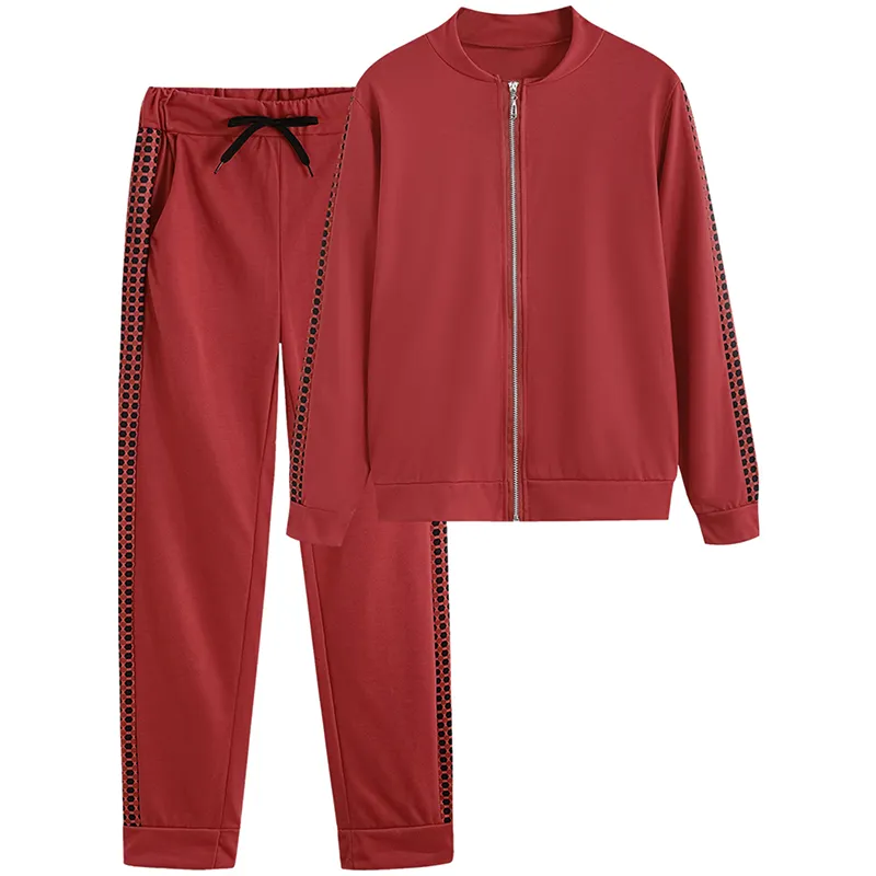 Women's Print & Plaid Zip-Front Top With Tie-Waist Pants Set, 2-Piece Casual Loungewear For Spring And Fall - Wine Red