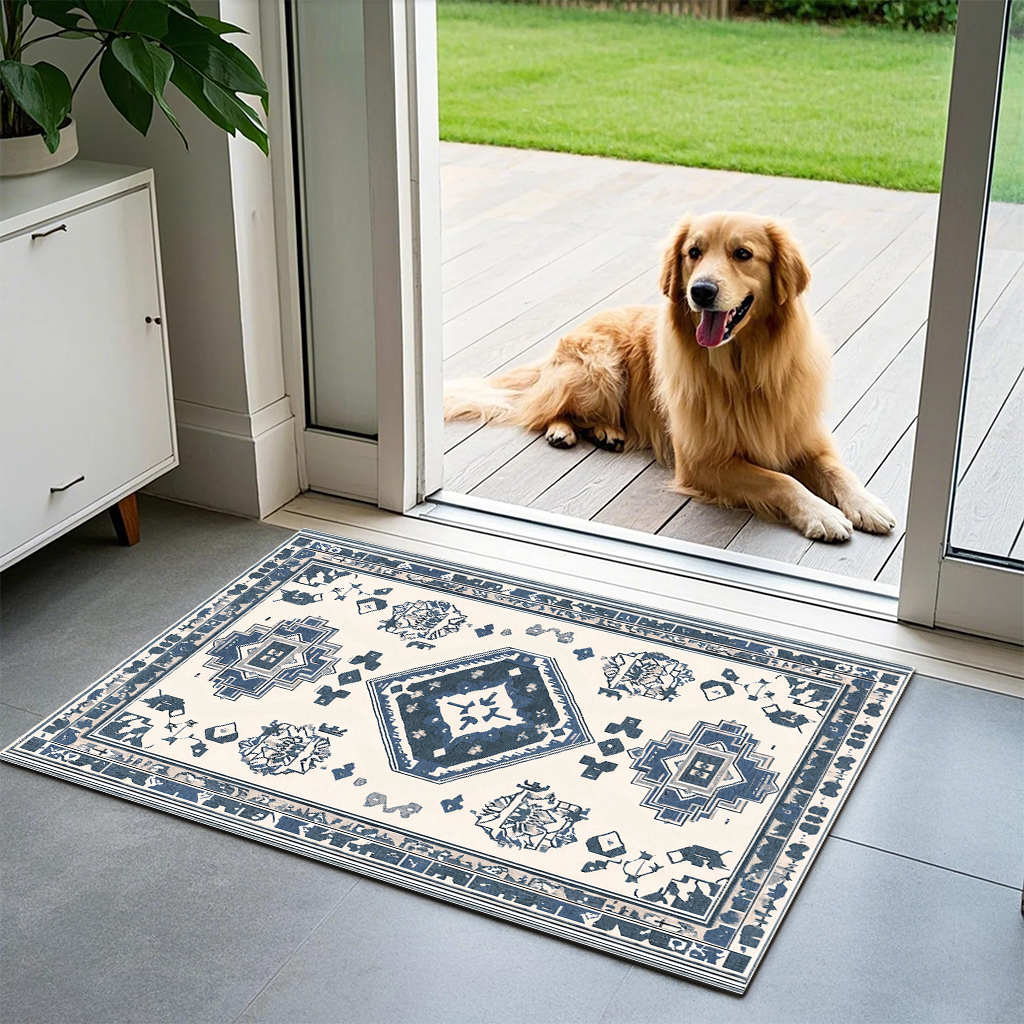 Blue And White Retro Ethnic Style Kitchen Carpet Three-piece Set Niche Artistic Texture Infuses Retro Ritual Feeling For Kitchen Space Non-slip Easy-to-clean And Also Produces A Piece Of Cashmere-like 3