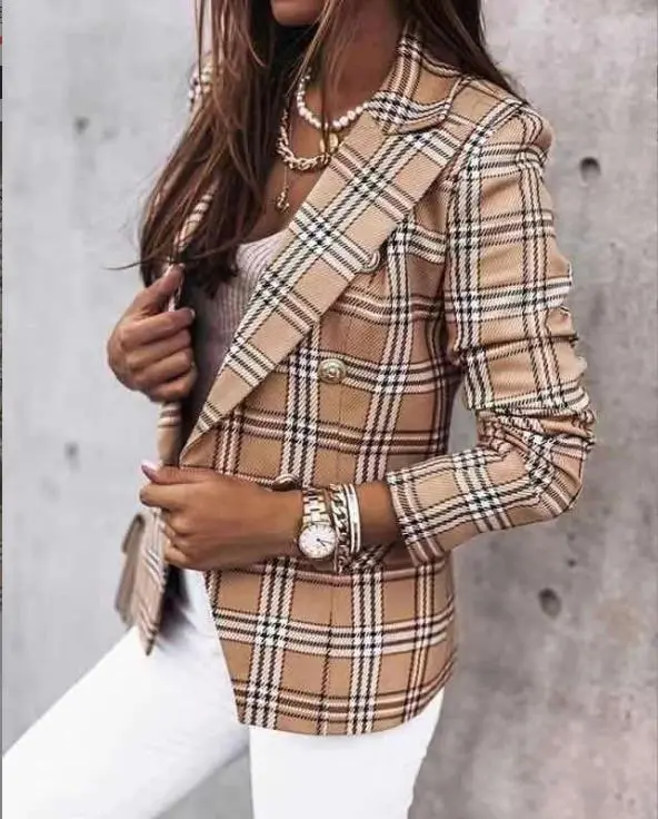 Long sleeve Double breasted Plaid Print Suit Small Grid - Shop at LoveMi