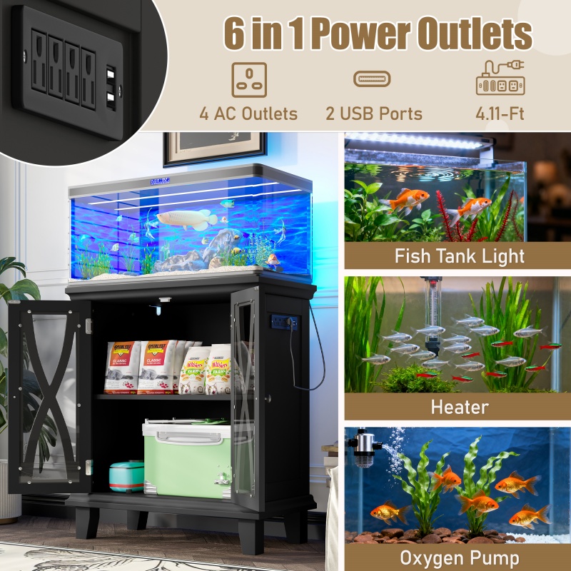20-gallon Aquarium Rack With 4 AC Outlets And 2 USB Outlets, Farmhouse-style Decorative Aquarium Rack Furniture With Adjustable Shelves 10-20 Gallon Reptile And Turtle Rack With Cabinet Stora