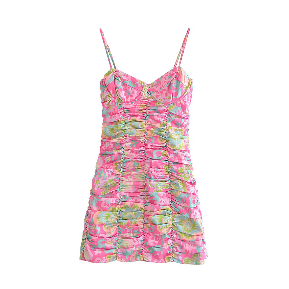 Pleated Design Printing Slip Dress Women's