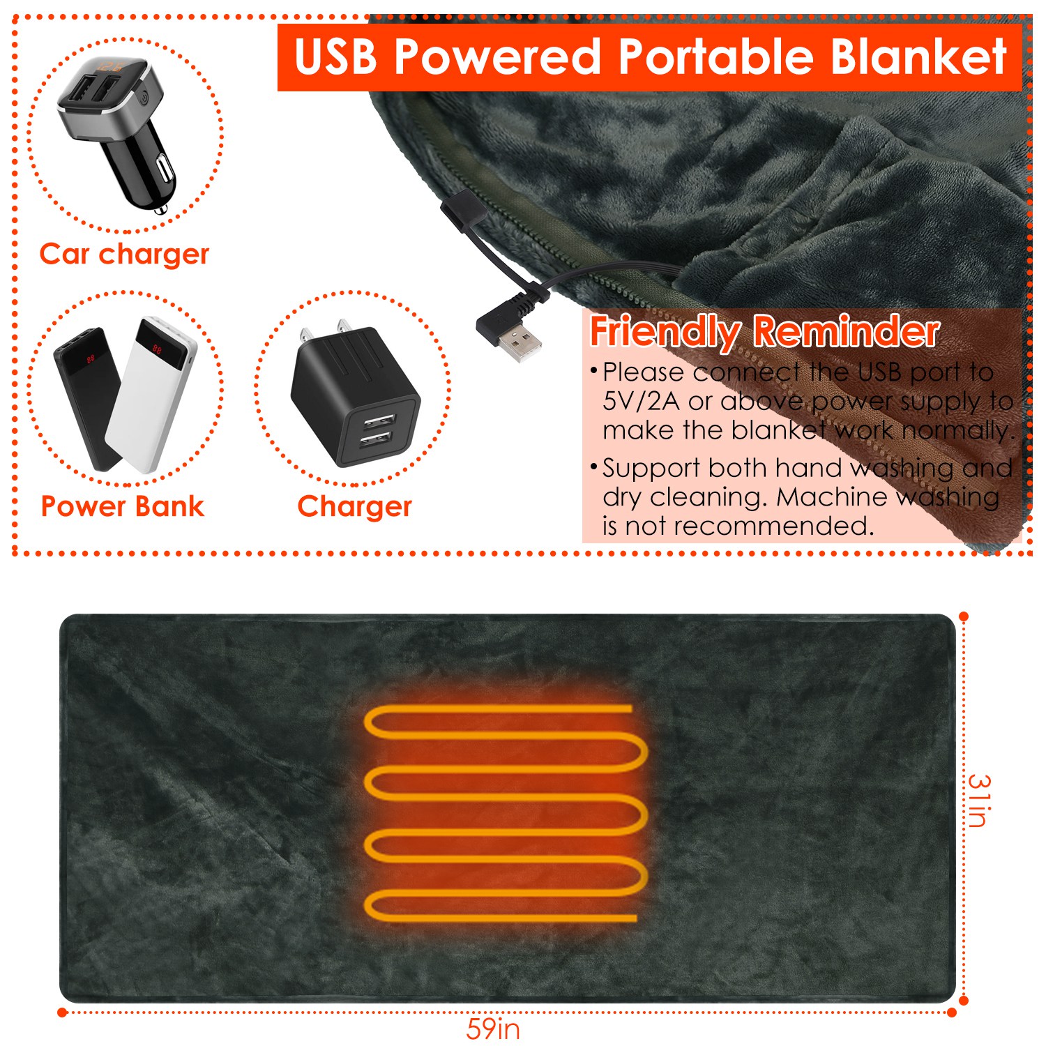 1Pc  59x31in USB Heated Blanket Electric Heated Blanket Heated Poncho Shawl Wrap Throw With Zipper Washable For Home Office No Power Bank Compatible With CJCD2415461 — foto 3