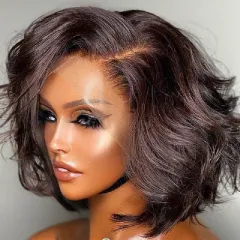 Chemical Fiber Short Curly Front Lace Wig Head Cover - Black - View 1