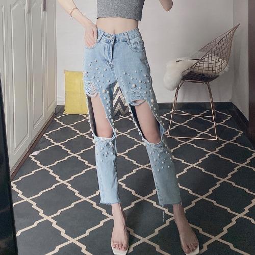 Title 1, Damen Beaded Ripped Jeans, knielose Wide-Leg-Ho...