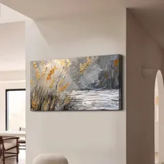 Lake Reed Beds Contemporary Artist Hand Painted Abstract Landscape Oil Painting For Home Decor Living Room Wall Art - Without Inner Frame - View 1