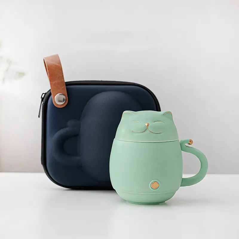 Creative Lucky Cat Shaped Tea Separation Ceramic Cup With Lid