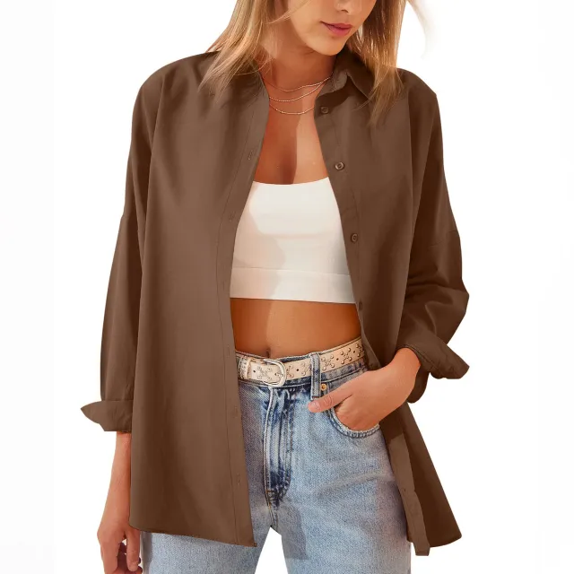 Women's Shirt Jacket Long Sleeve Blouse Button Down Tops Candy Color Shirt Coffee - Shop at LoveMi