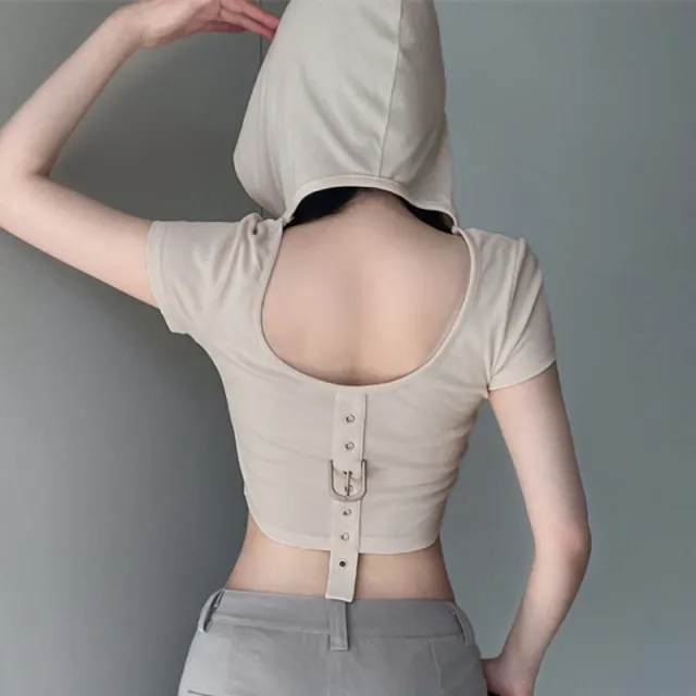 Design Sense Spicy Girl Style Backless Hollow Metal Buckle Webbing Stitching Hooded Sweatshirt Double Zipper Slimming Hundred With Tops Skin Color - Shop at LoveMi
