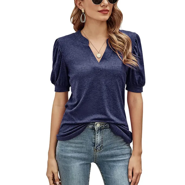 Women's New Casual V neck Puff Sleeve Loose T shirt Women Navy Blue - Shop at LoveMi