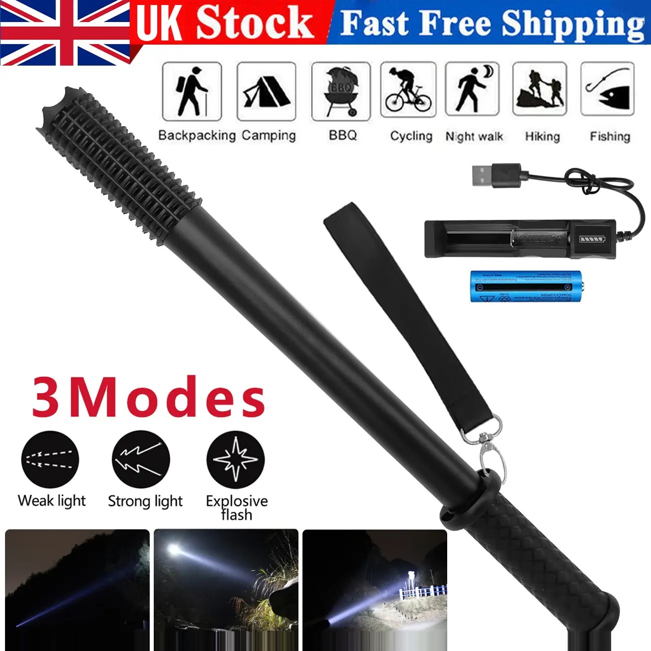 Baseball LED Flashlight Rechargeable Torch Spotlight Emergency