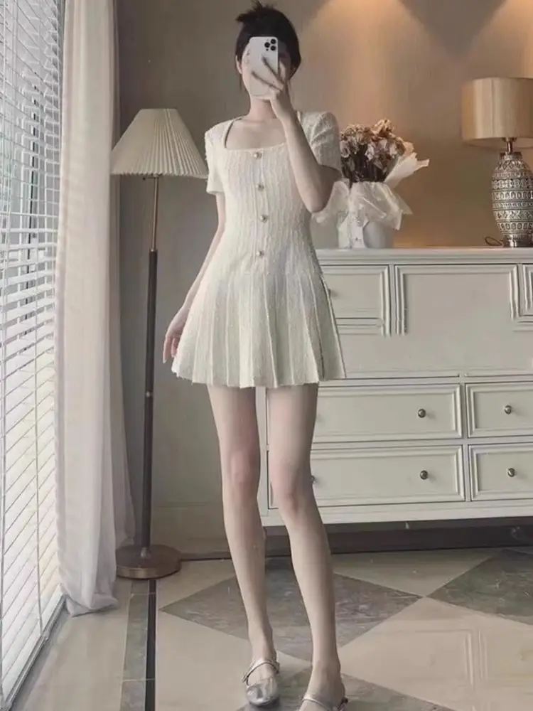 Temperament Slim White Square Neck Dress