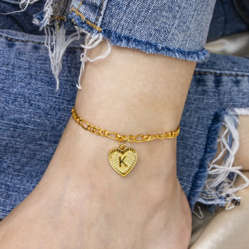 Initial Letter Anklet Gold Color Heart Pendant Foot Bracelets