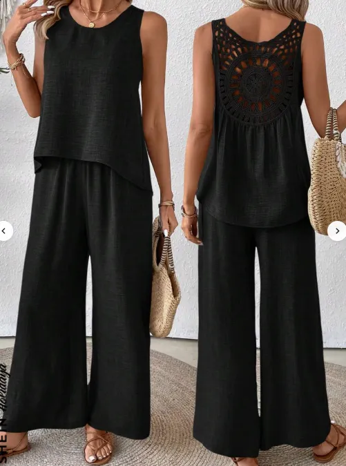 Solid Tank Top & Wide Leg Pants For Summer Vacation Black - Shop at LoveMi