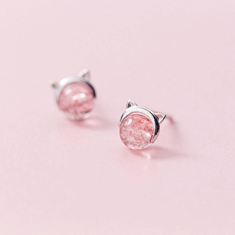 Strawberry Crystal S925 Silver Cat Earrings