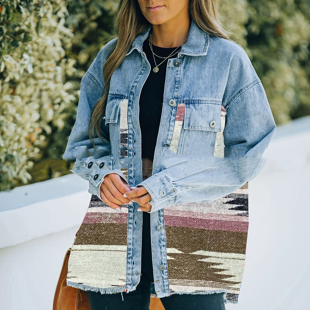 Lapel Pocket Denim Patchwork Wool Coat Skin Powder - Shop at LoveMi