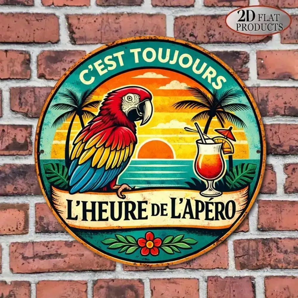 8x8in Vintage Parrot Cocktail Round Sign Happy
