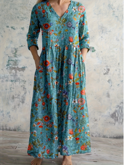 Women V Neck Floral Print Midi Dress Sleeve Boho Casual Dress With Side Pockets