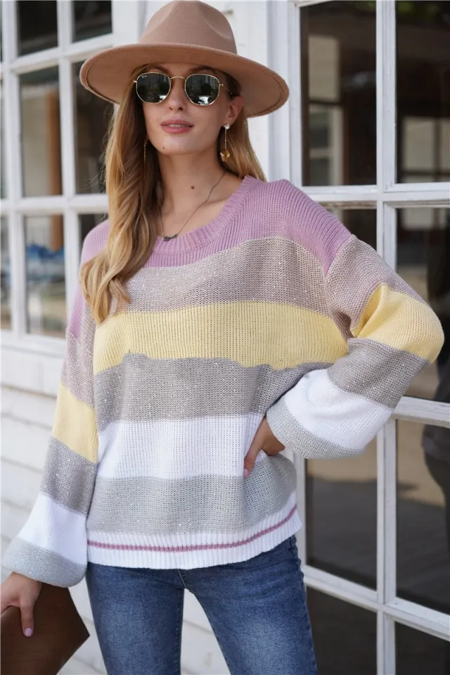 Women's Striped Round Neck Pullover Sweater Purple - Shop at LoveMi