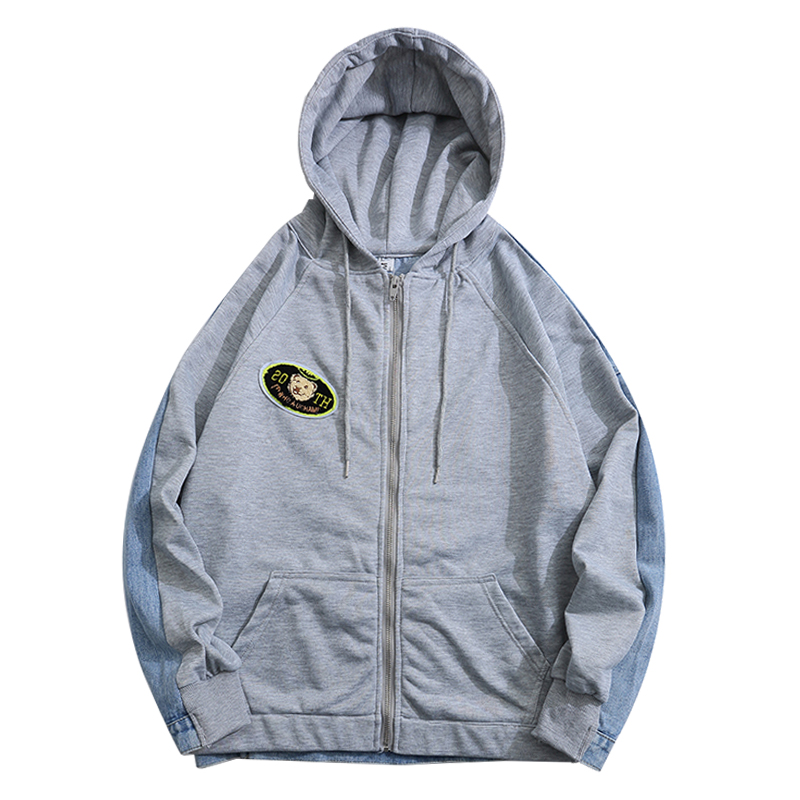 Retro Denim Stitching Hooded Sweater Men